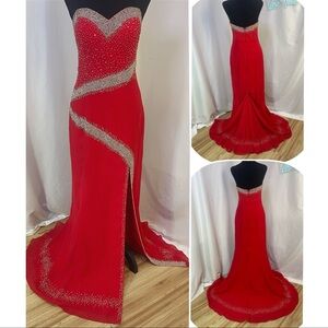 Vintage 90’s Alyce Designs Red Beaded Sweetheart Neckline Gown w Train & Bustle